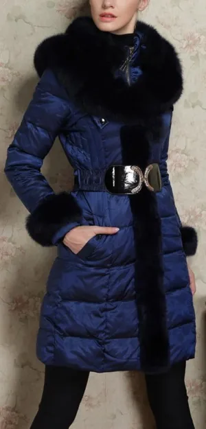Belted Fox-Fur-Trimmed Puffer Down Coat, Dark Blue