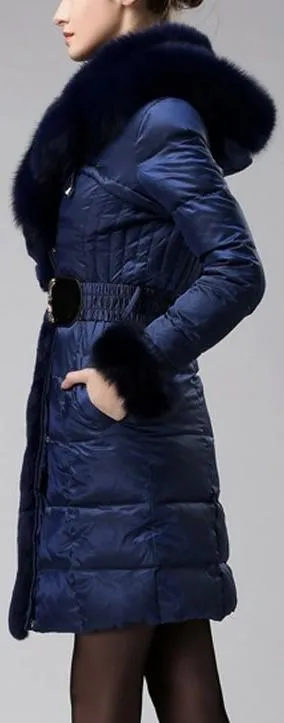 Belted Fox-Fur-Trimmed Puffer Down Coat, Dark Blue
