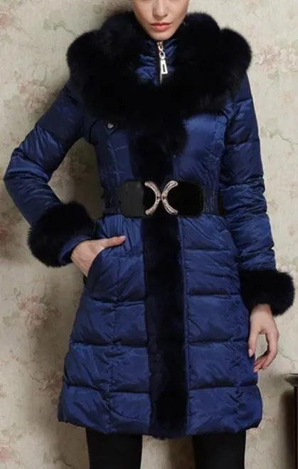 Belted Fox-Fur-Trimmed Puffer Down Coat, Dark Blue