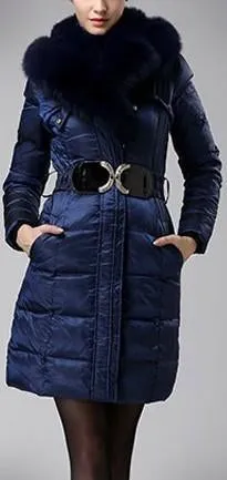 Belted Fox-Fur-Trimmed Puffer Down Coat, Dark Blue