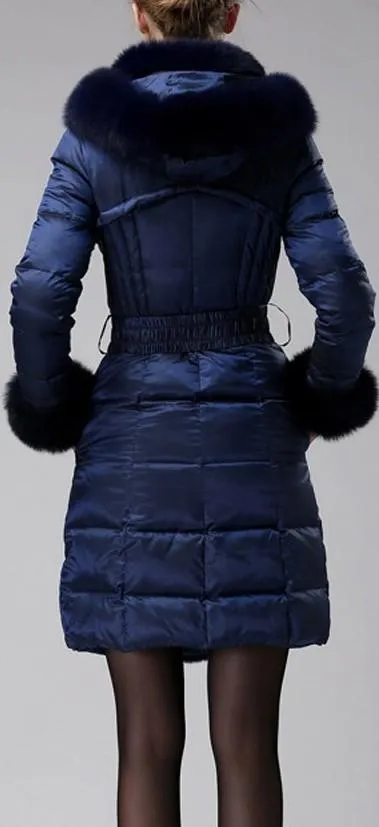 Belted Fox-Fur-Trimmed Puffer Down Coat, Dark Blue