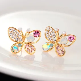 Fashion Vintage Colorful Rhinestone Gold Butterfly Pearl Earrings