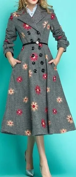 Floral-Embroidered Wool-Blend Double-Breasted Coat