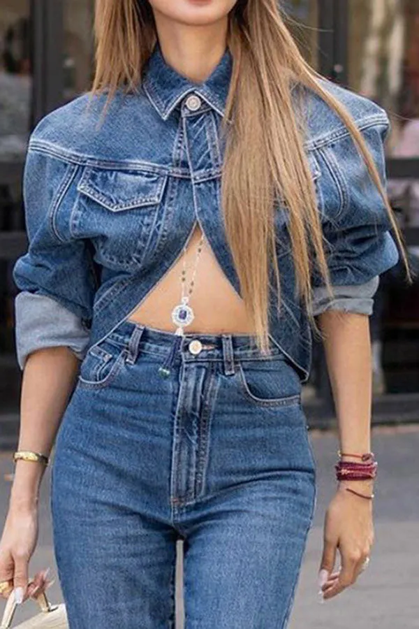 xiangtuibao Solid Color Smart Denim Coat